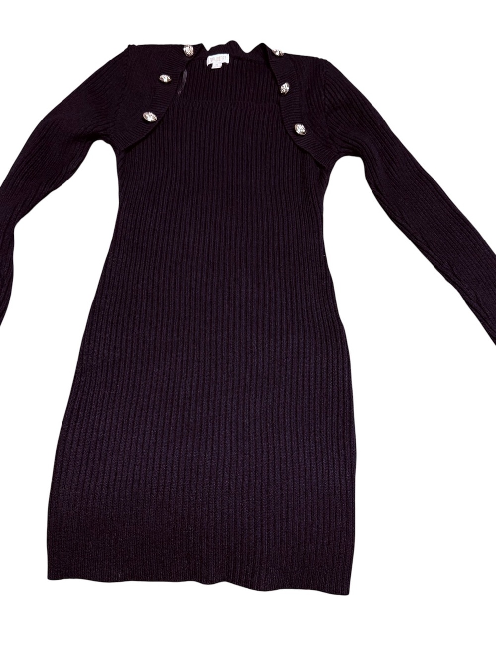 Black Ribbed Long-Sleeve Knit Dress with Decorative Buttons